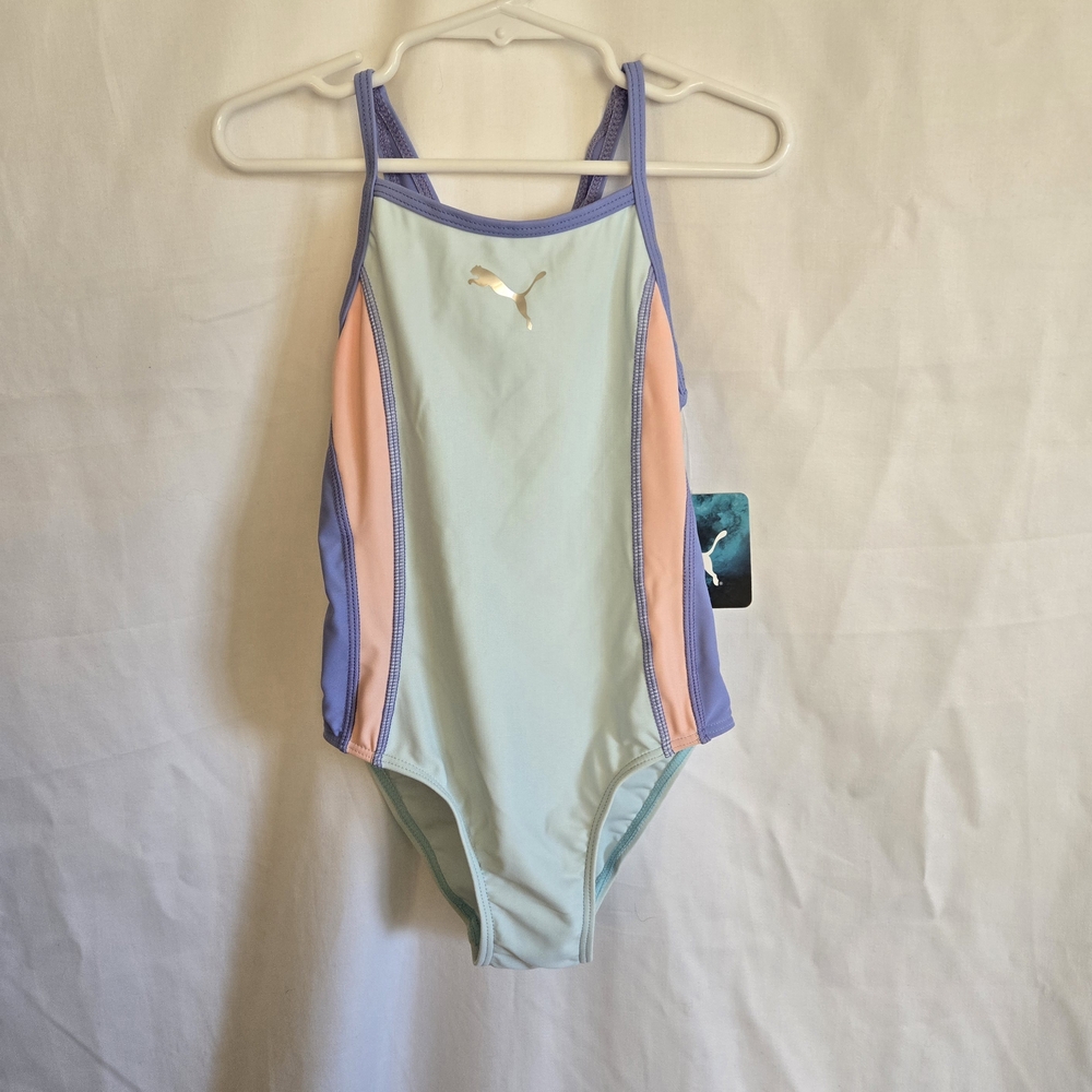 Puma Girls‎ Pastel Nitro Blue Colorblock Crossback One Piece Swimsuit 5 New